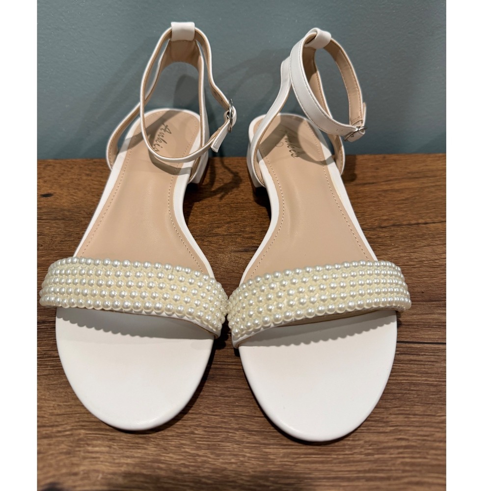 Ankis White Pearl Low Block Heel Ankle Strap Sandals Womens 6.5 Bridal Wedding